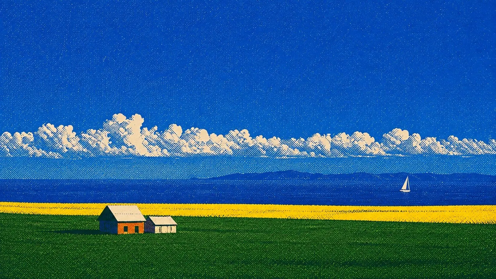 Illustration: a small house between green fields and a blue sea, a sailing boat on the horizon