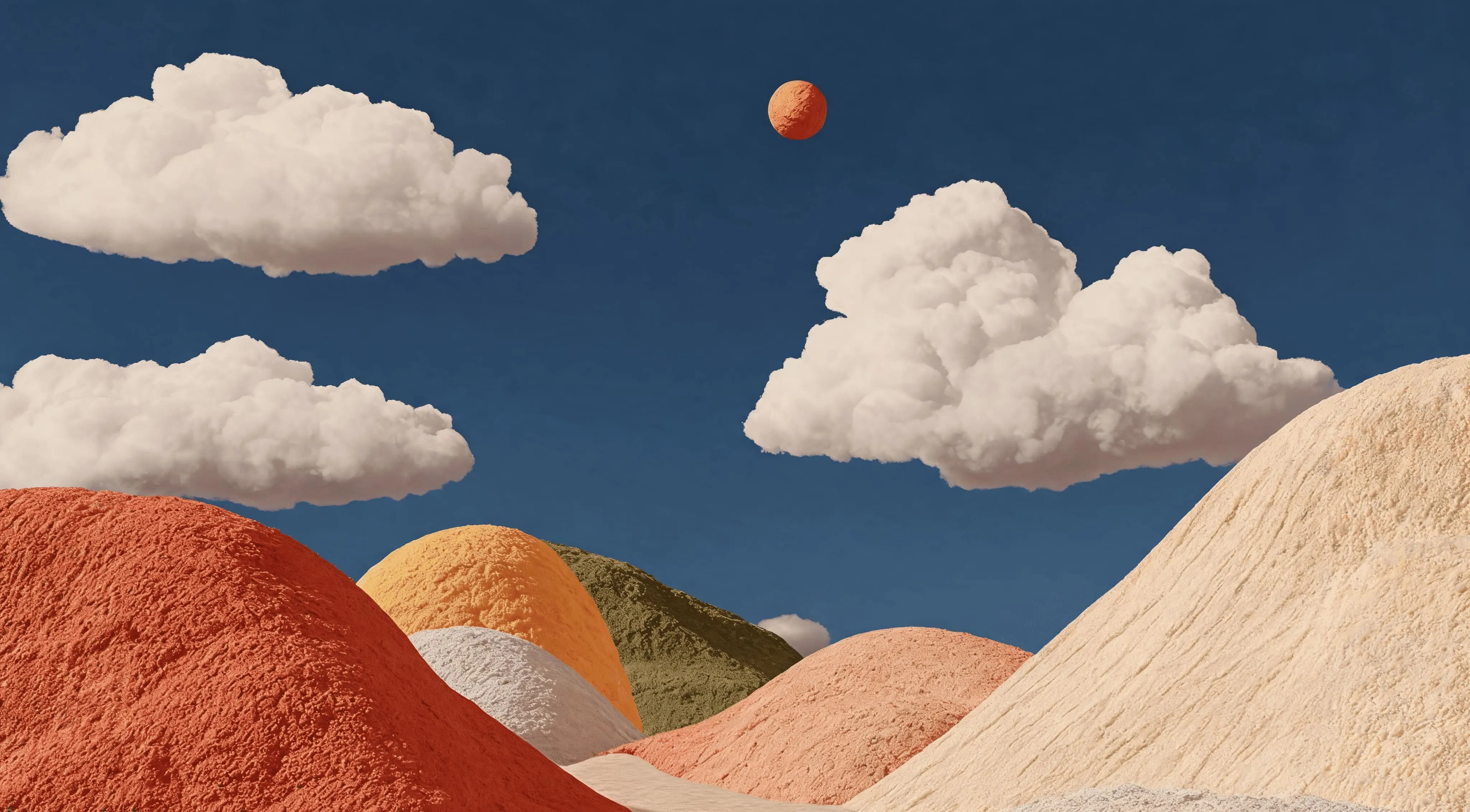 Illustration: hills of coloured powder under a small orange sun