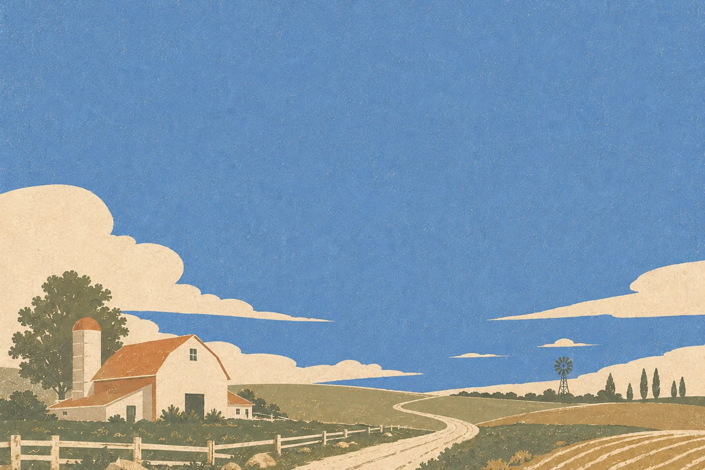 Illustration: a barn and silo beside a winding lane and ploughed fields