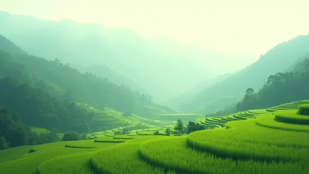 Illustration: green terraced fields in a misty valley